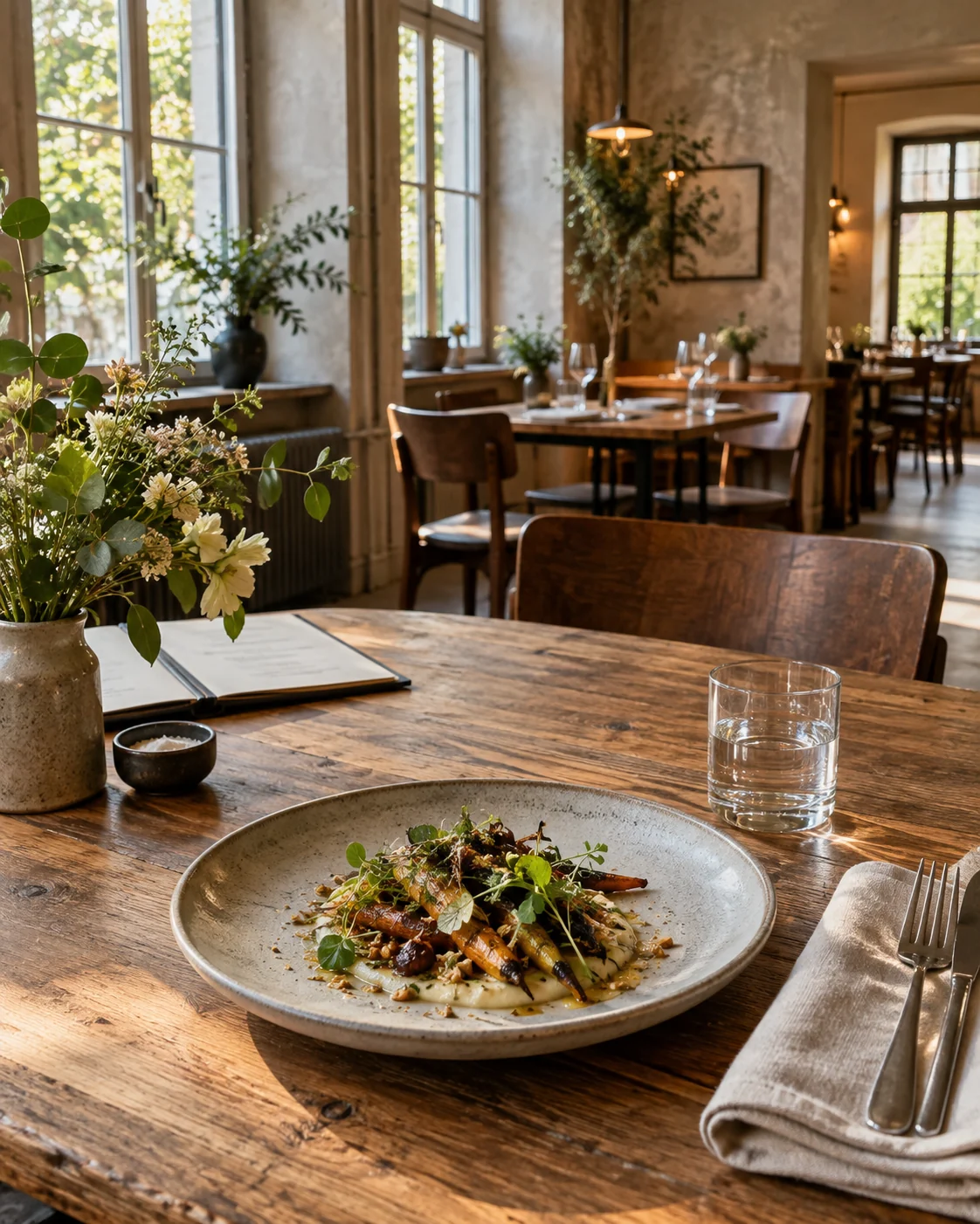 Saisonal angerichtetes Gericht in einem hellen, hochwertigen Restaurant